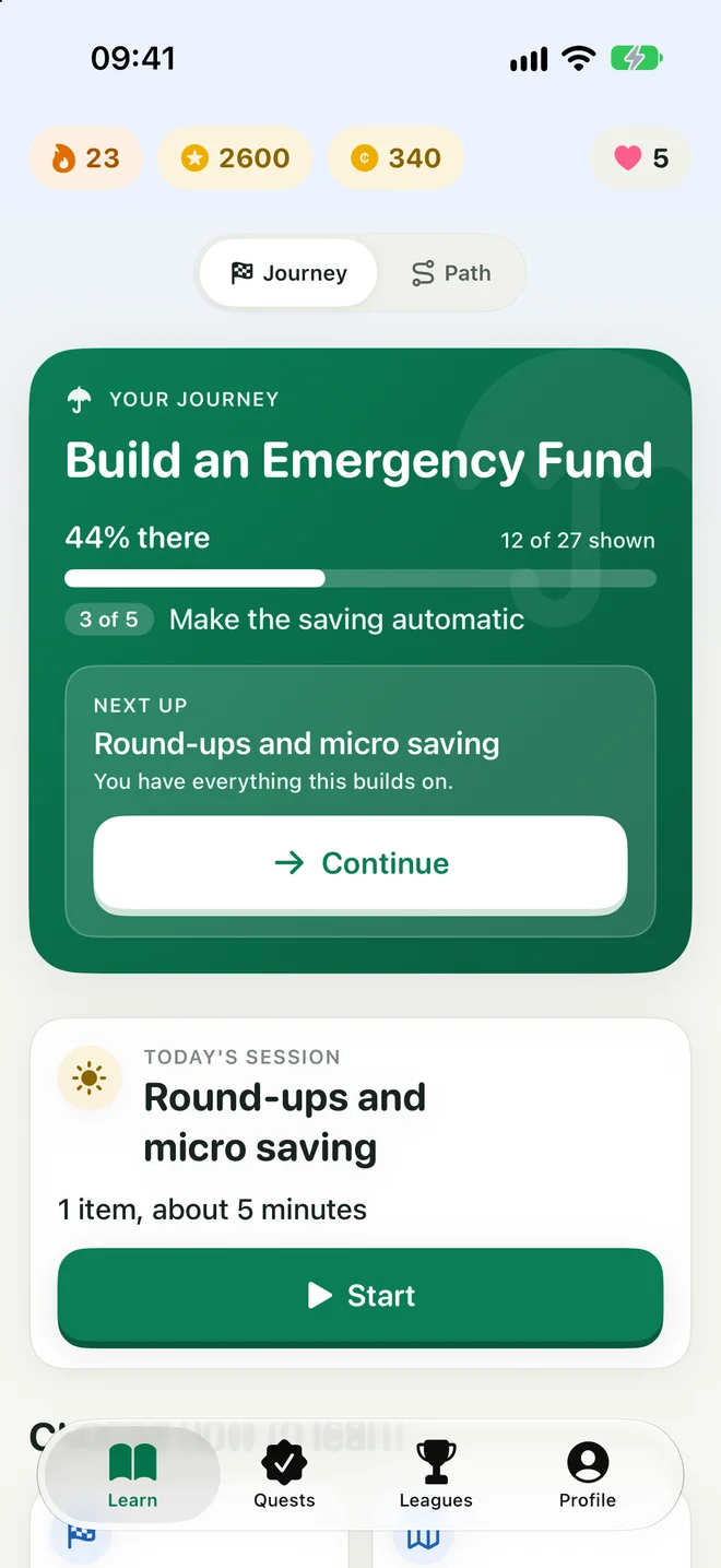 The Learn tab with the Build an Emergency Fund journey, 44% of the way there